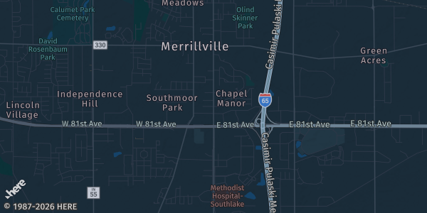 Map of Merrillville, IN. The exact address of Southlake Mall is not known, so the map shows the area rather than a specific building.