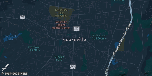 Map of Cookeville, TN. The exact address of Putnam County Convention Center is not known, so the map shows the area rather than a specific building.
