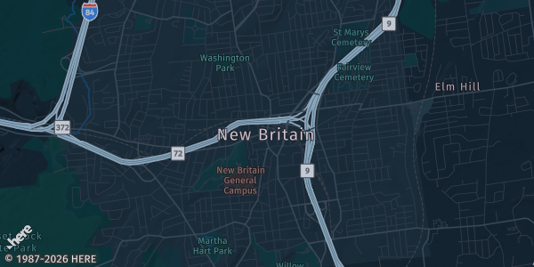 Map of New Britain, CT. The exact address of 27 Main St. is not known, so the map shows the area rather than a specific building.