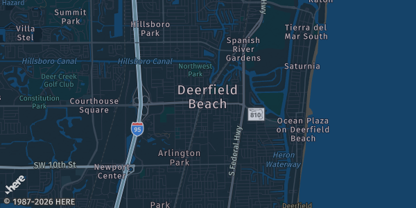 Map of Deerfield Beach, FL. The exact address of Reign Volleyball Club is not known, so the map shows the area rather than a specific building.