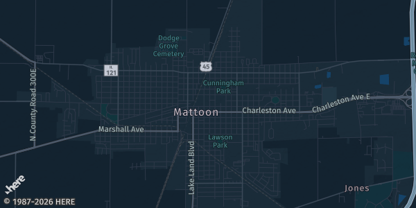 Map of Matoon, IL. The exact address of Emerald Acres Sports Complex is not known, so the map shows the area rather than a specific building.