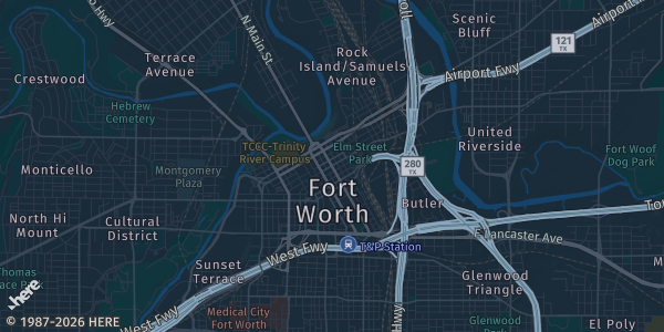 Map of Fort Worth, TX. The exact address of Radisson Hotel is not known, so the map shows the area rather than a specific building.