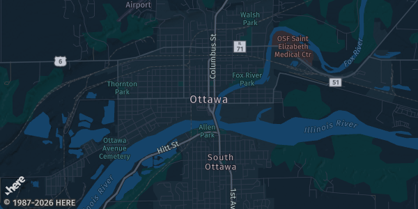 Map of Ottawa, IL. The exact address of Alfano's Pizza of Ottawa is not known, so the map shows the area rather than a specific building.