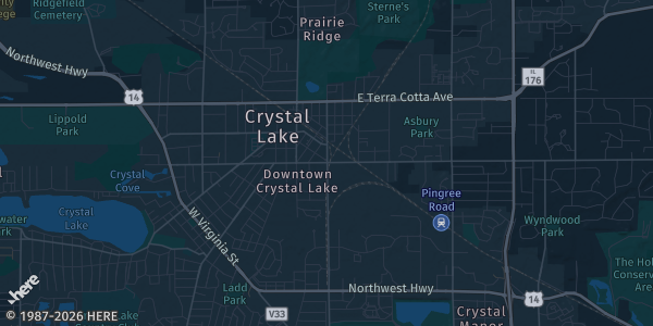 Map of Crystal Lake, IL. The exact address of The MAC is not known, so the map shows the area rather than a specific building.