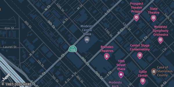Map showing Modesto Centre Plaza, 1001 K St in Modesto, CA.