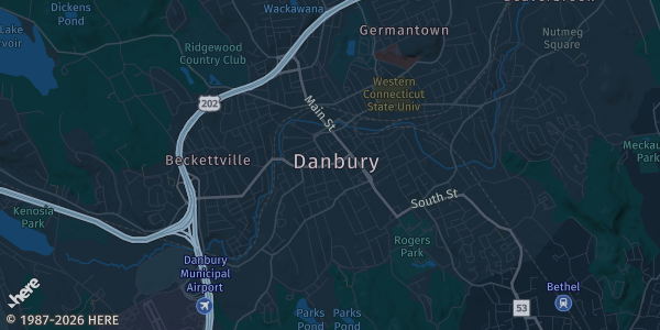 Map of Danbury, CT. The exact address of Catholic War Veterans Hall is not known, so the map shows the area rather than a specific building.