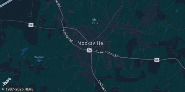 Map of Mocksville, NC. The exact address of Davie County Community Park is not known, so the map shows the area rather than a specific building.