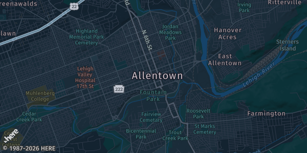 Map of Allentown, PA. The exact address of Days Inn Hotel is not known, so the map shows the area rather than a specific building.