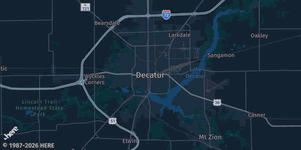 Map of Decatur, IL. The exact address of Decatur IL VFW Post 99 is not known, so the map shows the area rather than a specific building.