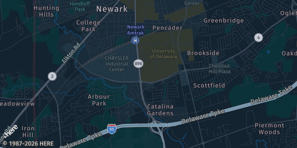 Map of Newark, DE. The exact address of Bob Carpenter Center is not known, so the map shows the area rather than a specific building.