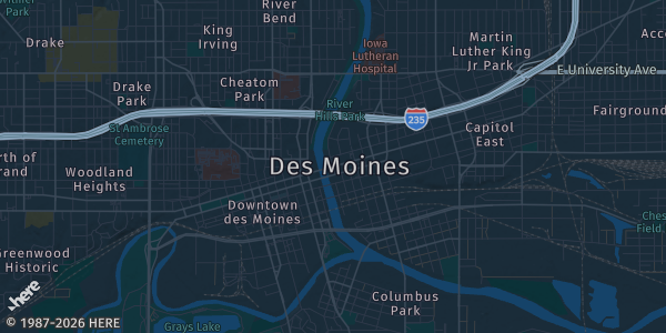 Map of Des Moines, IA. The exact address of Embassy Suites by Hilton Des Moines Downtown is not known, so the map shows the area rather than a specific building.