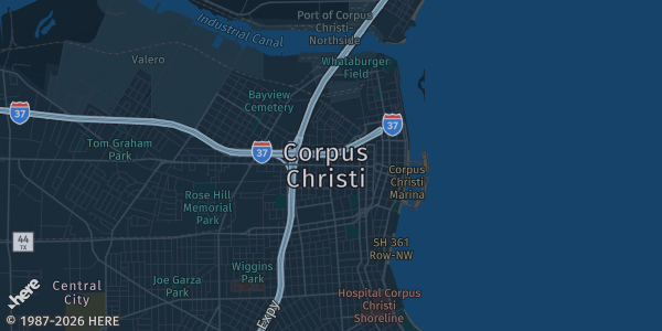 Map of Corpus Christi, TX. The exact address of Hilliard Center is not known, so the map shows the area rather than a specific building.
