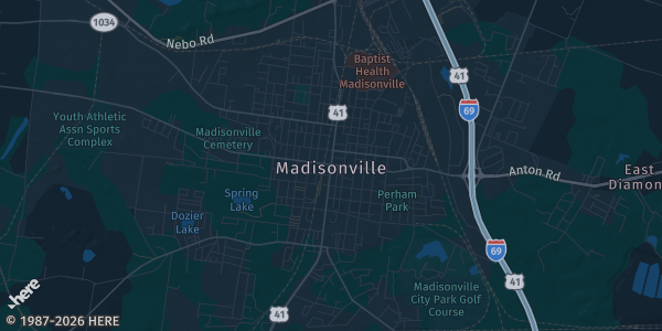 Map of Madisonville, KY. The exact address of Parkway Plaza Mall is not known, so the map shows the area rather than a specific building.