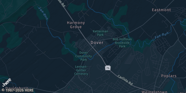 Map of Dover, PA. The exact address of Dover Township Community Center is not known, so the map shows the area rather than a specific building.