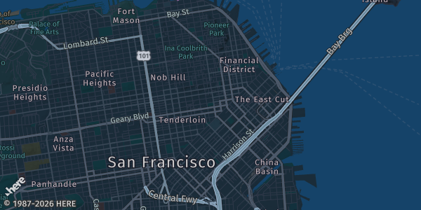 Map of San Francisco, CA. The exact address of Santa Clara Convention Center is not known, so the map shows the area rather than a specific building.