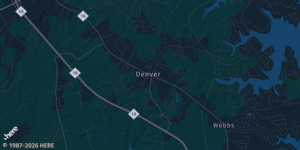 Map of Denver, NC. The exact address of East Lincoln High School is not known, so the map shows the area rather than a specific building.