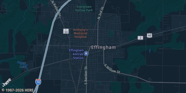 Map of Effingham, IL. The exact address of Thelma Keller Convention Center is not known, so the map shows the area rather than a specific building.