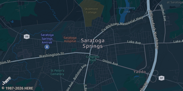 Map of Saratoga Springs, NY. The exact address of Saratoga Casion & Raceway is not known, so the map shows the area rather than a specific building.