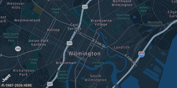 Map of Wilmington, DE. The exact address of Doubletree by Hilton is not known, so the map shows the area rather than a specific building.