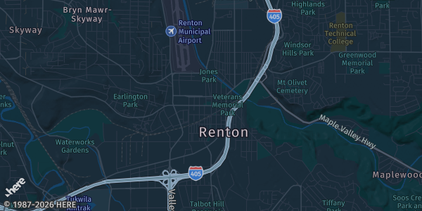 Map of Renton, WA. The exact address of Hyatt Regency Lake Washington at Seattle's Southport is not known, so the map shows the area rather than a specific building.