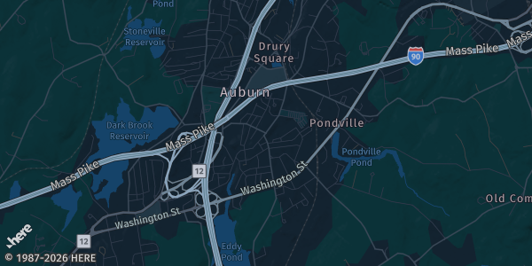 Map of Auburn, MA. The exact address of Muckleshoot Casino Resort is not known, so the map shows the area rather than a specific building.