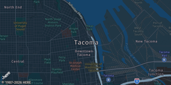 Map of Tacoma, WA. The exact address of Hotel Murano is not known, so the map shows the area rather than a specific building.