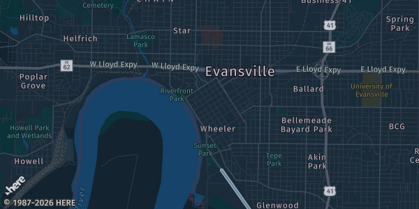 Map of Evansville, IN. The exact address of Indiana Army National Guard Armory is not known, so the map shows the area rather than a specific building.