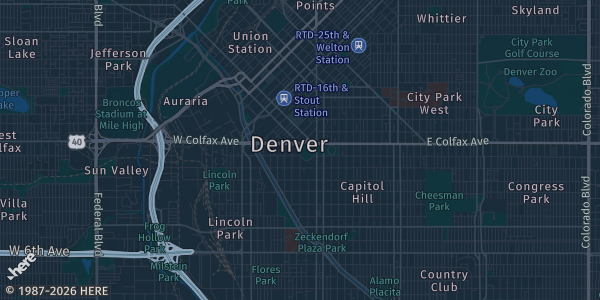 Map of Denver, CO. The exact address of Fan Expo Denver is not known, so the map shows the area rather than a specific building.
