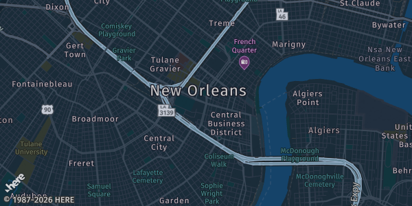 Map of New Orleans, LA. The exact address of Fan Expo New Orleans is not known, so the map shows the area rather than a specific building.
