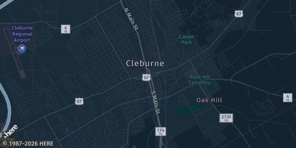 Map of Cleburne, TX. The exact address of Cleburne Conference Center is not known, so the map shows the area rather than a specific building.
