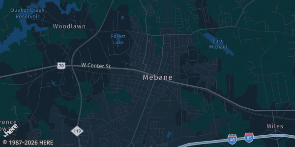 Map of Mebane, NC. The exact address of Mebane Community & Arts Center is not known, so the map shows the area rather than a specific building.