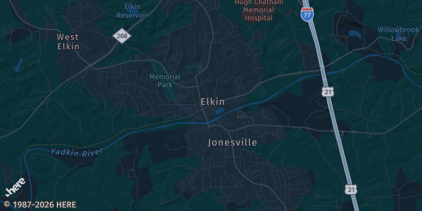 Map of Elkin, NC. The exact address of Elkin Recreation and Parks is not known, so the map shows the area rather than a specific building.