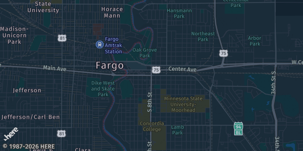 Map of Moorhead, MN. The exact address of Courts and Pints (Moorhead) is not known, so the map shows the area rather than a specific building.