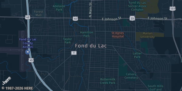 Map of Fond Du Lac, WI. The exact address of Radisson Hotel and Conference Center is not known, so the map shows the area rather than a specific building.