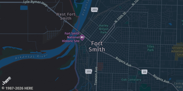 Map of Fort Smith, AR. The exact address of Fort Smith Card Show is not known, so the map shows the area rather than a specific building.