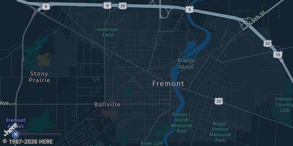 Map of Fremont, OH. The exact address of Sandusky County Fairgrounds (Flower Bldg.) is not known, so the map shows the area rather than a specific building.