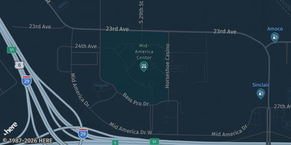 Map showing The Mid-America Center in Council Bluffs, IA.
