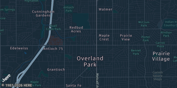 Map of Overland Park, KS. The exact address of American Legion Post 370 is not known, so the map shows the area rather than a specific building.