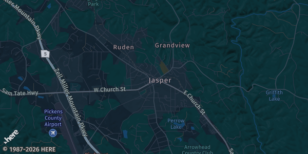 Map of Jasper, GA. The exact address of Chattahoochee Tech Conference Center is not known, so the map shows the area rather than a specific building.