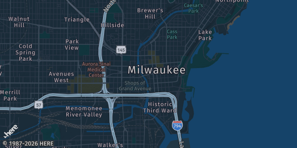 Map of Milwaukee, WI. The exact address of Baird Center is not known, so the map shows the area rather than a specific building.