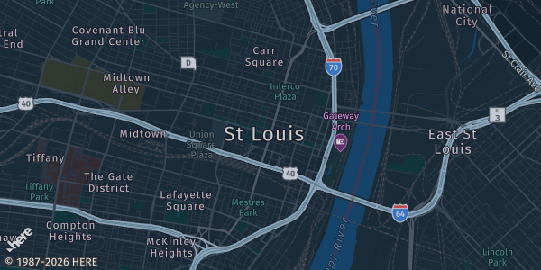 Map of St. Louis, MO. The exact address of GalaxyCon St. Louis is not known, so the map shows the area rather than a specific building.
