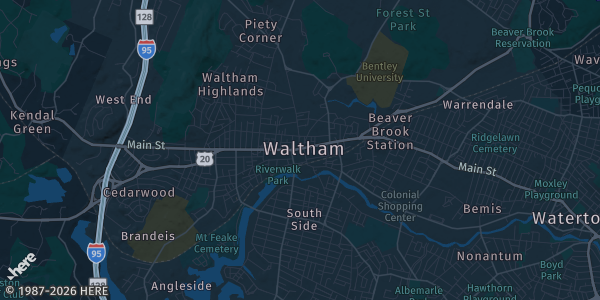 Map of Waltham, MA. The exact address of Game Underground is not known, so the map shows the area rather than a specific building.