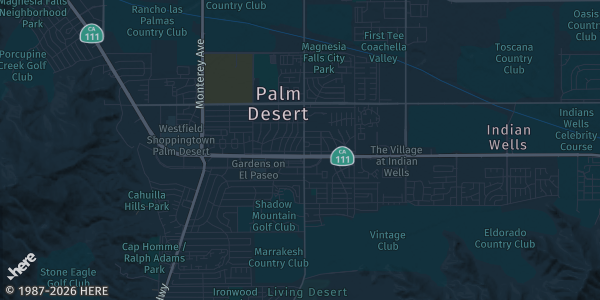Map of Palm Desert, CA. The exact address of The Shops at Palm Desert is not known, so the map shows the area rather than a specific building.