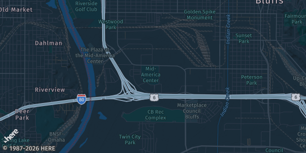 Map of Council Bluffs, IA. The exact address of Mid-America Center is not known, so the map shows the area rather than a specific building.