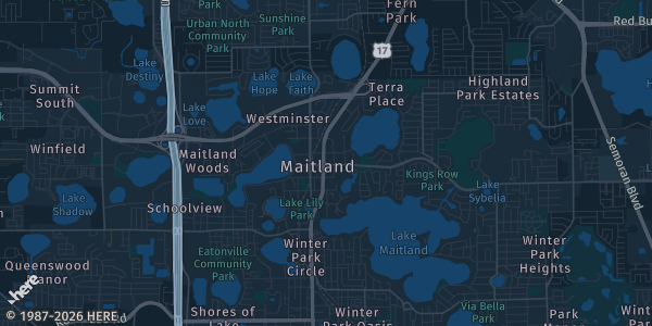 Map of Maitland, FL. The exact address of Venue On Lake Lilly is not known, so the map shows the area rather than a specific building.