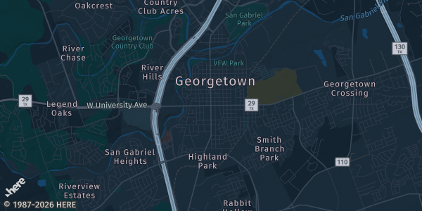Map of Georgetown, TX. The exact address of Georgetown Community Center is not known, so the map shows the area rather than a specific building.