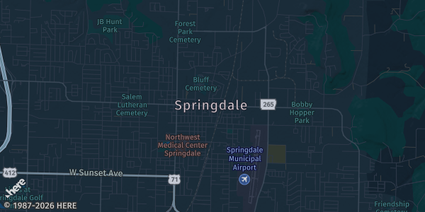 Map of Springdale, AR. The exact address of Holiday Inn & NWA Convention Center is not known, so the map shows the area rather than a specific building.
