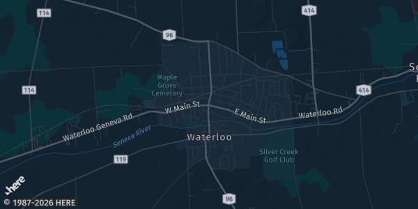 Map of Waterloo, NY. The exact address of Del Lago Resort and Casino - HOTEL BALLROOM is not known, so the map shows the area rather than a specific building.