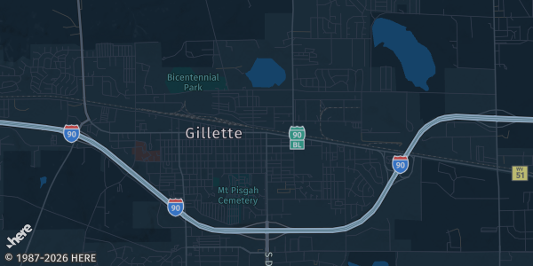 Map of Gillette, WY. The exact address of 720 Trading Cards is not known, so the map shows the area rather than a specific building.