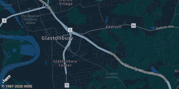 Map of St. Glastonbury, CT. The exact address of Glastonbury Collectibles Show is not known, so the map shows the area rather than a specific building.